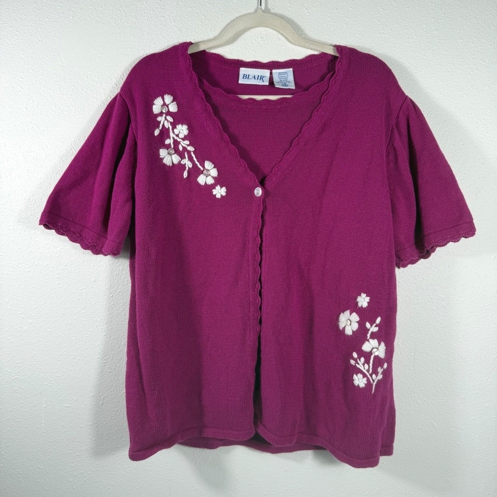 Blair Women's Magenta Purple Embroidered Floral Twin Set Cardigan Tank Large - Picture 2 of 10